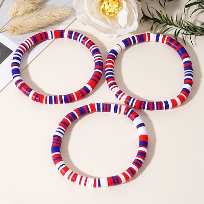 3Pcs Red White Blue Handmade Polymer Clay Heishi Beads Stretch Bracelets Set PW-WG85032-01-1