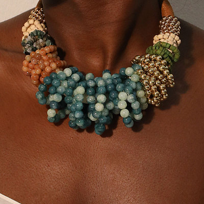 Bohemian Style Round Gemstone & Glass & Wood & CCB Plasitc Beaded Bib Necklaces FS-WGADB81-01-1