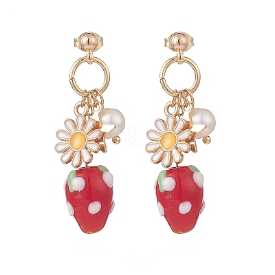 Natural Pearl & Alloy Enamel Flower & Lampwork Strawberry Dangle Stud Earrings EJEW-TA00143-1