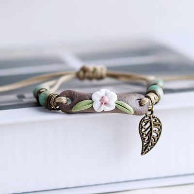 Adjustable Handmade Porcelain Flower Beads Braided Beads Bracelets WGFB2A7-01-1