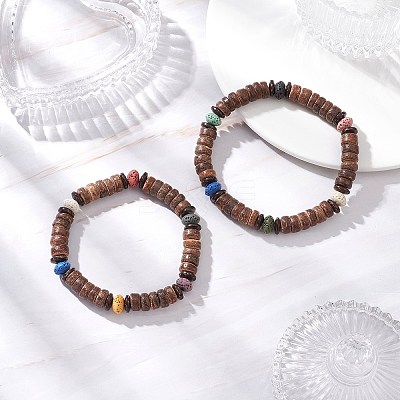 2Pcs Natural Coconut & Lava Rock Beads Stretch Bracelets for Men Women BJEW-JB12497-1