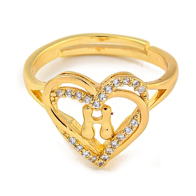 Heart with Letter Rack Plating Brass Micro Pave Clear Cubic Zirconia Adjustable Rings for Women RJEW-I105-01G-H-1