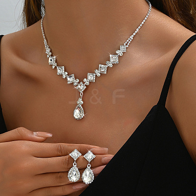 Teardrop & Rhombus Brass Rhinestone Pendant Necklaces & Stud Dangle Earrings Sets FS-WG09414-03-1