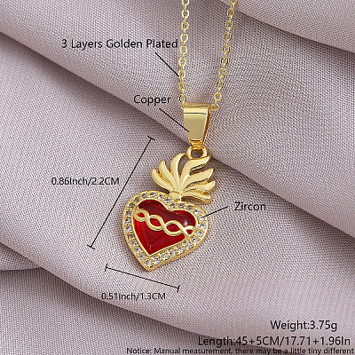 Brass Micro Pave Clear Cubic Zirconia and Red Resin Scared Heart Pendant Necklaces for Women FS-WG476F5-22-1