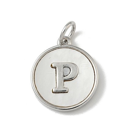 Brass Pave Natural Shell Flat Round with Letter Charms KK-Z115-13P-P-1