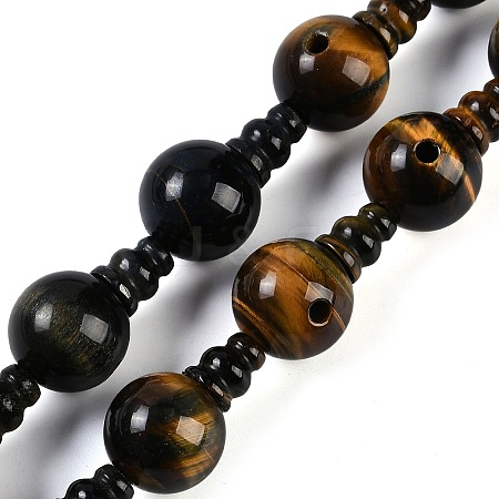 Natural Yellow Tiger Eye & Dyed Blue Tiger Eye(Dyed & Heated) 3-Hole Guru Beads Strands G-H064-E05-03A-1