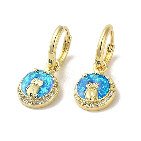 Flat Round with Owl Rack Plating Brass Synthetic Opal Hoop Earrings for Women EJEW-P277-01G-1