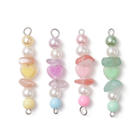 4Pcs 4 Colors Acrylic Pearl & Natural Green Aventurine & Natural Sunstone & Cherry Quartz Glass & Natural Ametrine Gemstone Chip Heart Connector Charms PALLOY-JF03340-02-1