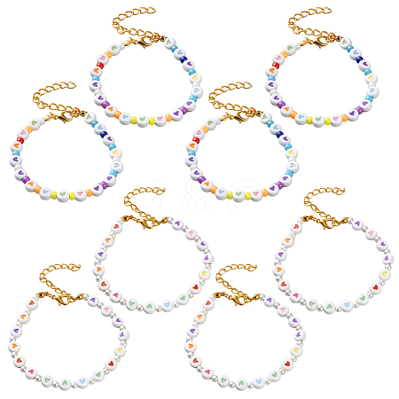 8Pcs 2 Colors Flat Round with Heart Acrylic Beads Bracelets for Women BJEW-HY0001-16-1