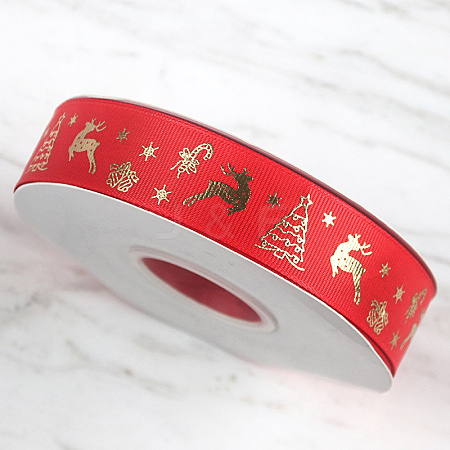 25 Yards Flat Christmas Reindeer Printed Polyester Grosgrain Ribbons XMAS-PW0001-182I-1