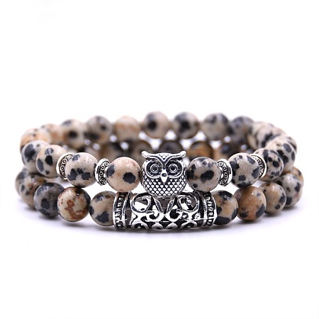 Natural Dalmatian Jasper Stretch Bracelets Set with Alloy Owl Beaded ANIM-PW0003-027B-1