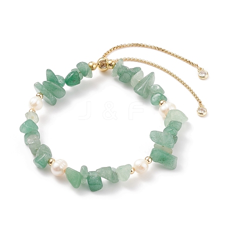 Natural Green Aventurine Chips & Pearl Beaded Slider Bracelet BJEW-JB08334-03-1