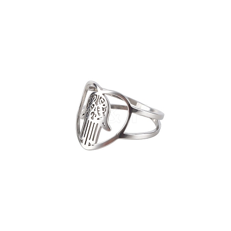 Stainless Steel Heart with Hamsa Hand Finger Ring CHAK-PW0001-001E-02-1