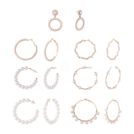 7 Pairs 7 Style Resin Pearl Beaded C-shape & Ring Dangle Stud Earrings FIND-KS0001-16-1