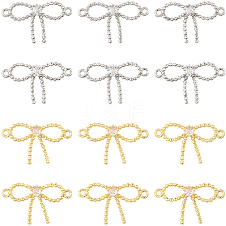 16Pcs 2 Colors Rack Plating Brass Pave Clear Cubic Zirconia Bowknot Connector Charms KK-SC0006-77-1
