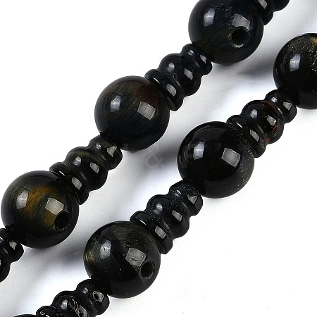 Natural Yellow Tiger Eye & Dyed Blue Tiger Eye(Dyed & Heated) 3-Hole Guru Beads Strands G-H064-E05-01B-1