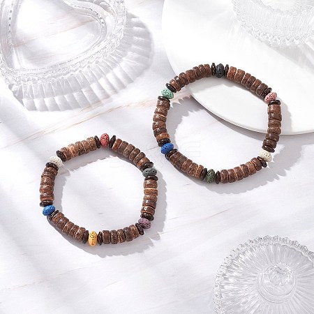 2Pcs Natural Coconut & Lava Rock Beads Stretch Bracelets for Men Women BJEW-JB12497-1