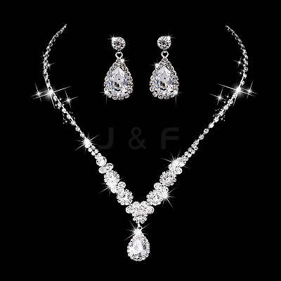 Teardrop & Flower Alloy Crystal Rhinestone Pendant Necklace & Stud Dangle Earrings Sets FS-WGA0F52-02-1