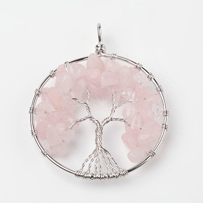 Tree of Life Natural Rose Quartz Big Pendants G-L455-D07-1