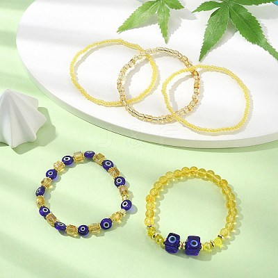 5Pcs 5 Style Natural Citrine & Lampwork Evil Eye & Seed Beaded Stretch Bracelets Set BJEW-JB09616-02-1