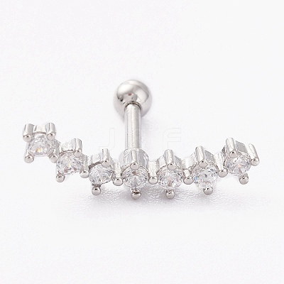 Brass Micro Pave Clear Cubic Zirconia Barbell Cartilage Earrings X-AJEW-P017-09P-1