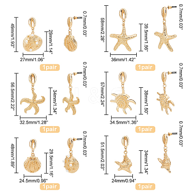 6 Pairs 3 Style Shell & Starfish Steel Asymmetrical Earrings with ABS Imitation Pearl Beaded EJEW-PH0001-15-1