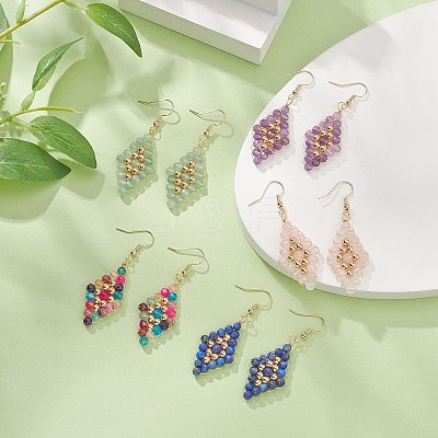 Natural Mixed Gemstone Beaded Rhombus Dangle Earrings EJEW-JE05264-1