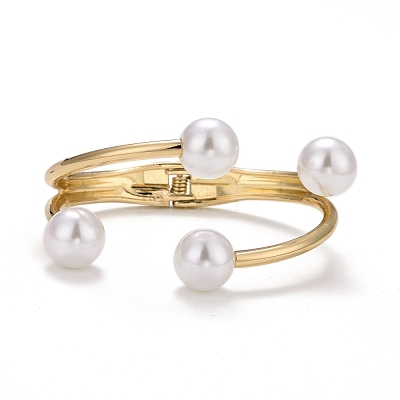 Alloy Wire Wrap with Plastic Pearl Cuff Bangle BJEW-K223-08KCG-1
