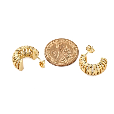 Rack Plating C-shaped Brass Micro Pave Clear Cubic Zirconia Stud Earrings for Women EJEW-C125-25G-1