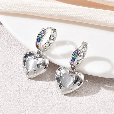Brass Micro Pave Cubic Zirconia and Cat Eye Beads Heart Hoop Dangle Earrings KK-CBAD9DF-01P-D-1