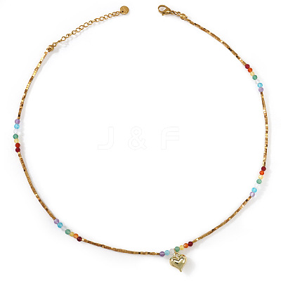 Rainbow Natural Moonstone and Dyed Agate Beaded Necklaces with Stainless Steel Heart Pendant for Beach Vacation KB9378-2-1