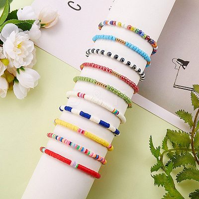 10Pcs 10 Style Handmade Polymer Clay Heishi Surfer Stretch Bracelets Set BJEW-SW00048-1