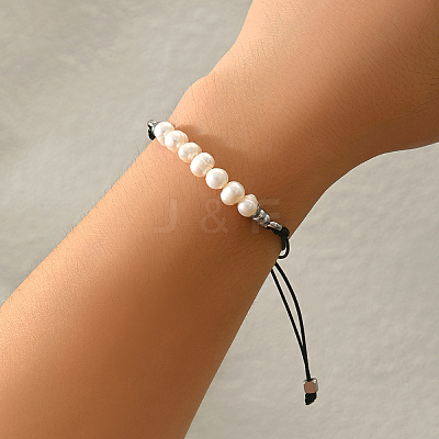 Bohemian Natural Cultured Pearl Rice Braided Bead Bracelets with 201 Stainless Steel Beads NX1549-1-1