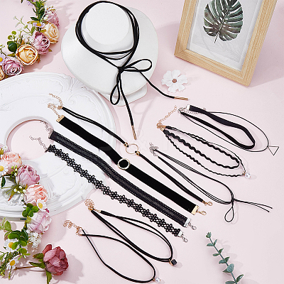 10Pcs 10 Styles Gothic Polyester Lace Choker Necklaces NJEW-SC0001-75-1