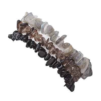 3Pcs Natural Smoky Quartz & Natural Obsidian & Natural Labradorite Chip Beaded Stretch Bracelet Sets BJEW-JB10860-1