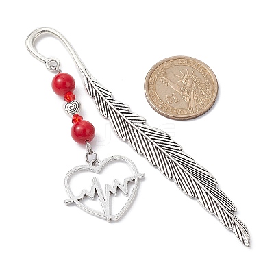 Valentine's Day Alloy Heart Pendant Bookmarks AJEW-JK00270-02-1