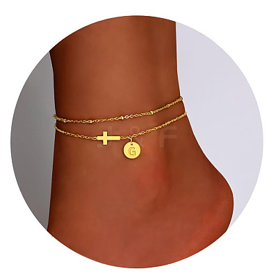 Brass Sideways Cross Link Anklets with Flat Round Initial Charms FS-WG12DAA-06-1