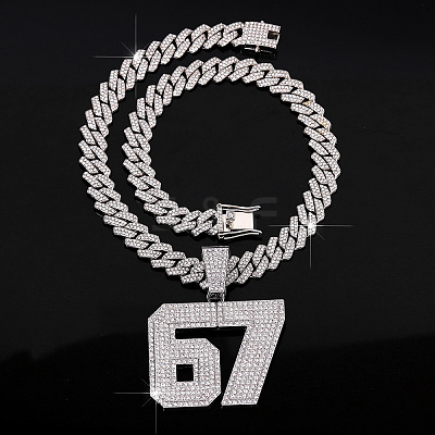 Alloy Full Crystal Rhinestone Number 67 Pendant Cuban Link Chain Necklaces for Men WG613EE-01-1