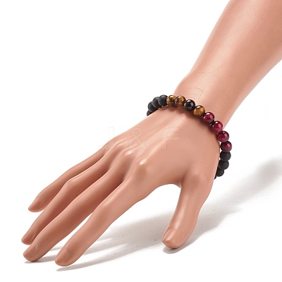 Natural Tiger Eye & Black Agate(Dyed & Heated) Round Beaded Stretch Bracelet BJEW-JB08086-03-1