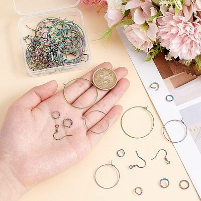 40Pcs 2 Style Ion Plating(IP) Rainbow Color 304 Stainless Steel Hoop Earrings Findings STAS-UN0039-05-1