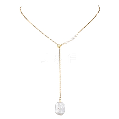 Adjustable Natural Keshi Pearl Rectangle Pendant 304 Stainless Steel Cable Chain Lariat Y Necklaces NJEW-JN05950-1