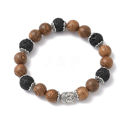 Natural Wood & Lava Rock Round Beads Stretch Bracelets BJEW-JB12353-02-1