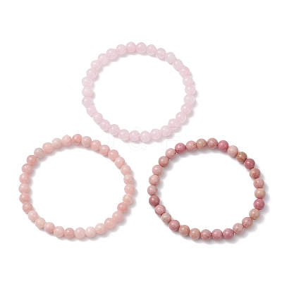 3Pcs Natural Rhodochrosite & Rose Quartz & Pink Opal Round Beads Stretch Bracelets for Women BJEW-JB12836-1
