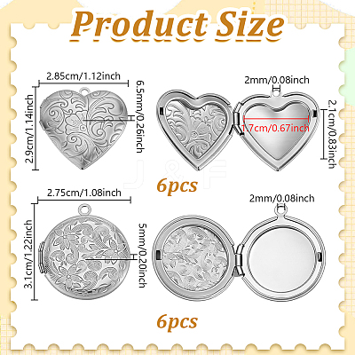 12Pcs 2 Styles Stainless Steel Round Locket Pendants STAS-GA0002-05-1