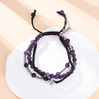 Adjustable Natural Amethyst & Hematite Braided Bead Bracelets BJEW-U035-01C-1
