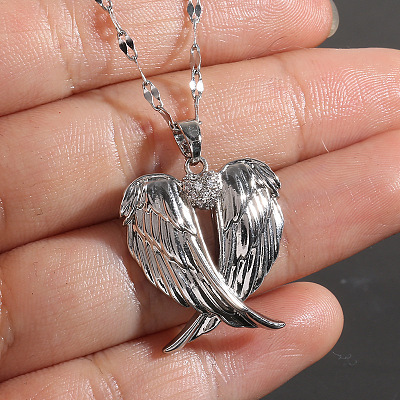 Heart Wing Brass Clear Cubic Zirconia Pendant Necklaces for Women FS-WGF93AE-01-1