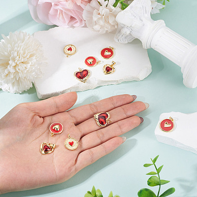 10Pcs 5 Styles Heart Theme Brass Enamel Pendants KK-TA0008-88-1