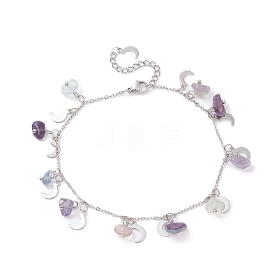 Natural Fluorite Chips & Moon Charms Anklet AJEW-AN00512-06-1
