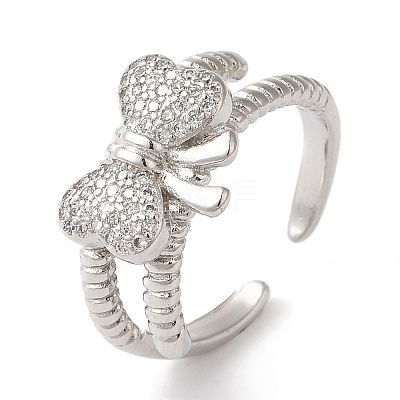 Bowknot Brass Micro Pave Clear Cubic Zirconia Open Cuff Rings for Women RJEW-C098-01P-1