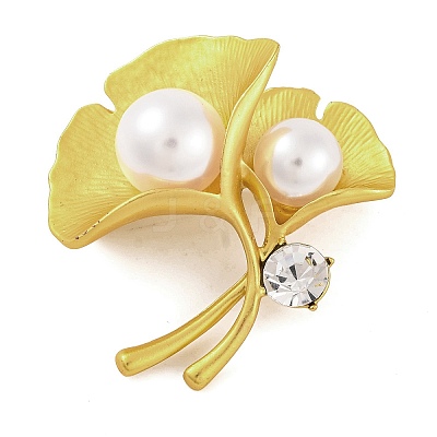 Alloy Crystal Rhinestone & Plastic Pearl Ginkgo Leaf Brooch for Women JEWB-M045-07G-1